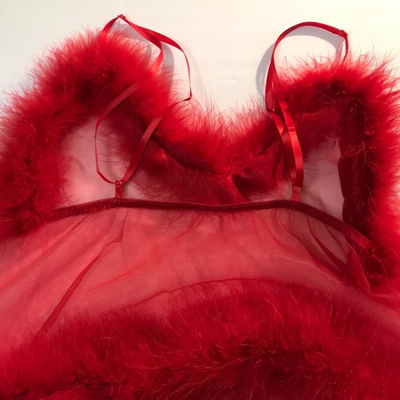 Romantic Sheer Babydoll Feather Fuzzy Fur Trim Chemise Camisole Lingerie Top - Picture 3 of 6